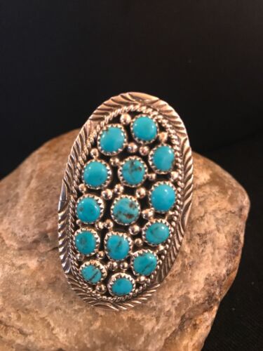 Navajo Kingman Turquoise Cluster Ring | Authentic Native American Sterling Silver | Multi-Stone | Sz 7.5 | 8392