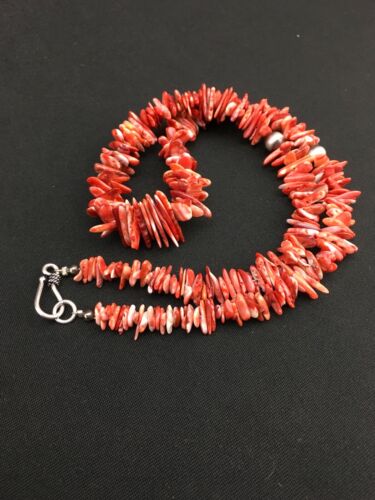 Navajo Red Spiky Spiny Oyster Necklace | Sterling Silver | Authentic Native American | 18" | 4772