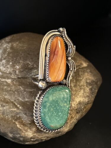 Navajo Turquoise Spiny Oyster Multi-Stone Ring | Authentic Native American Sterling Silver | Multi-Stone | Sz 8 | 14494