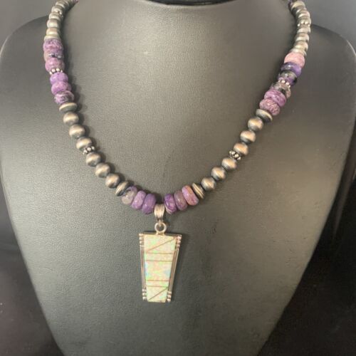 Navajo Purple Charoite White Opal Inlay Pendant Necklace| Sterling Silver | Native American Handmade | 13436