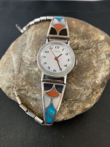 Navajo Sterling Silver Watch Tips with Turquoise, Coral, and Onyx Inlay | Authentic Native American Jewelry | Vintage Old Pawn