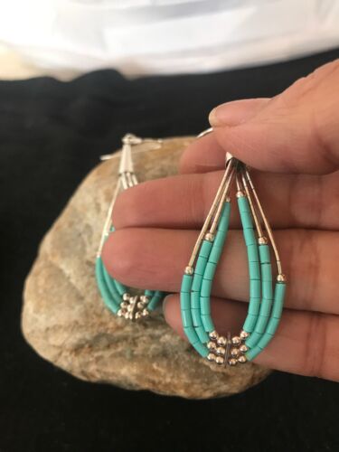 Navajo Sterling Silver Heishi Dangle Turquoise Earrings | 2" | Native American