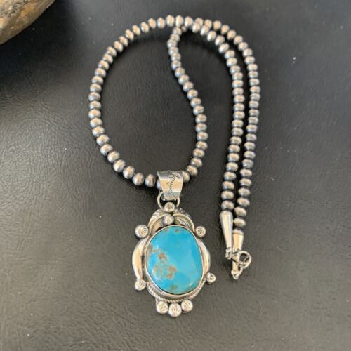 Men's Navajo Pearls Necklace with Blue Kingman Turquoise Pendant | Sterling Silver | Native American Handmade | 12596