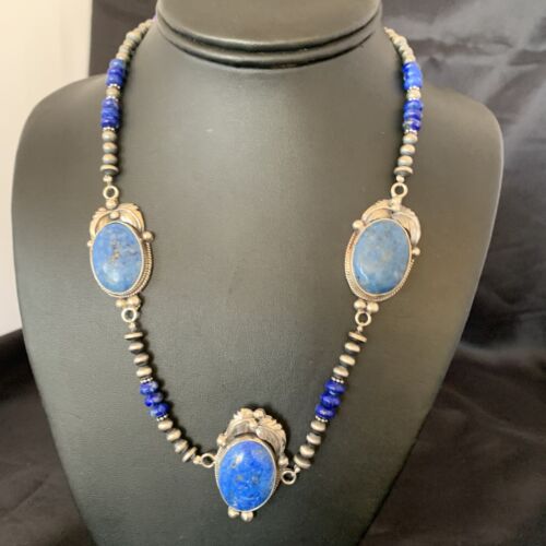 Navajo Pearls Necklace with 3 Stone Blue Denim Lapis Pendant | Sterling Silver | Native American Handmade | 10822