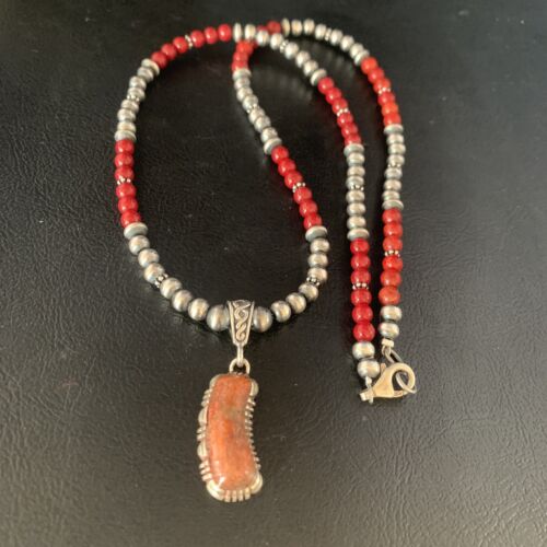 Red Apple Coral & Navajo Pearls Sterling Silver Bead Necklace with Pendant | Authentic Native American | 13437