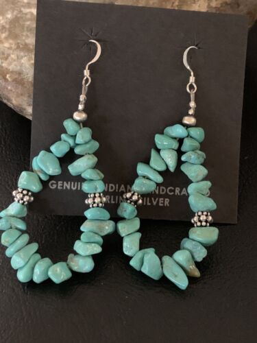 Navajo Turquoise Bead Nugget Earrings | Sterling Silver Pearls | 2" | Authentic Native American Handmade | 12888