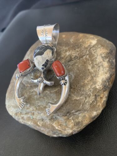 Navajo White Buffalo Turquoise Coral Naja Pendant | Sterling Silver | Authentic Native American Handmade | 11574