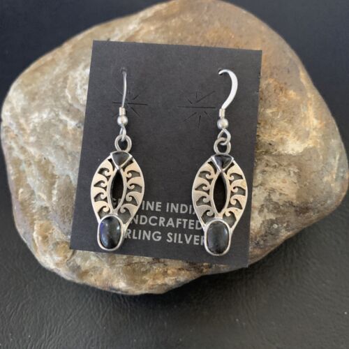 Navajo Black Onyx Dangle Earrings | Sterling Silver | Authentic Native American Handmade | 1" | 12651