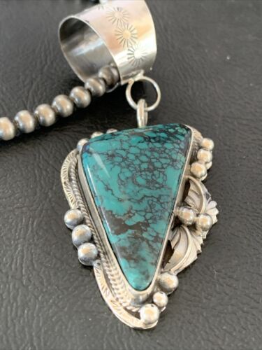 Men's Navajo Blue Spiderweb Turquoise Pendant Necklace | Sterling Silver | Authentic Native American Handmade | 10662