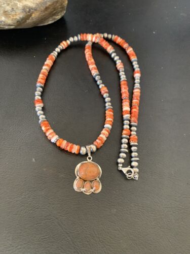 Navajo Pearl Necklace with Red Apple Coral, Spiny Oyster Pendant | Authentic Native American Sterling Silver | Multi-Stone | 12374