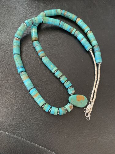 Navajo Green Turquoise Heishi Necklace | Sterling Silver | 22" | Authentic Native American Handmade | 11814