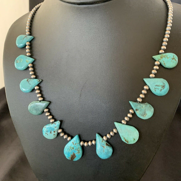 Native American Navajo Pearls Necklace | Sterling Silver | Blue Turquoise Teardrop | 11484