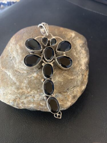 Navajo Dragonfly Pendant | Faceted Black Onyx Gems Cluster | Authentic Native American Sterling Silver | Multi-Stone | 3" | 12739
