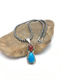 Navajo Turquoise & Coral Pendant Necklace | Sterling Silver | Authentic Native American Handmade | 2580