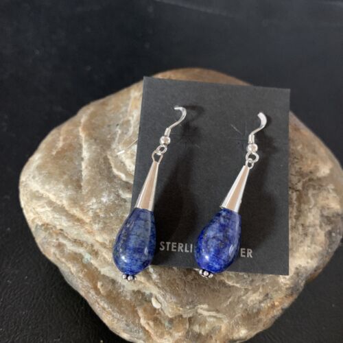 Navajo Lapis Lazuli Bead Dangle Earrings | Sterling Silver | 1" | Authentic Native American Handmade | 13330