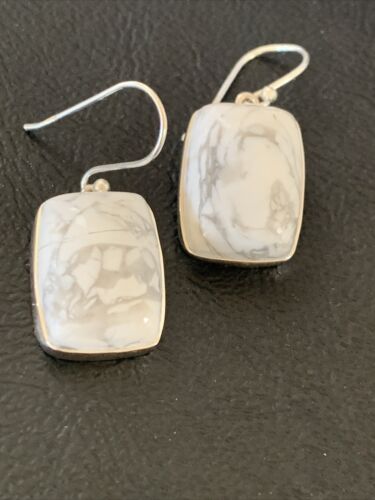 Navajo Sterling Silver White Howlite Black Dangle Rectangle Earrings | 0.75" | 12070