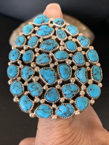 Navajo Kingman Turquoise Cluster Ring | Authentic Native American Sterling Silver | Multi-Stone | Sz 7 | 12227