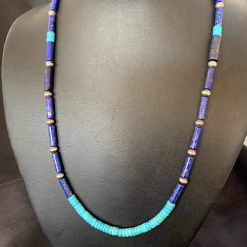 Native American Men's Navajo Lapis Turquoise Bead Necklace | Sterling Silver | 21" | 12471