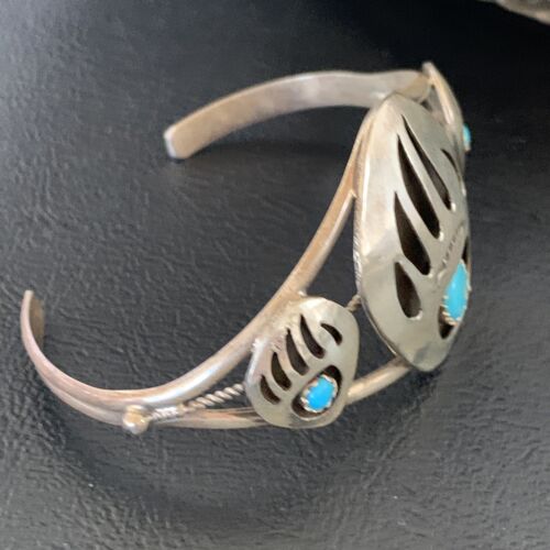 Navajo Turquoise Bear Paw Cuff Bracelet | Sterling Silver | Authentic Native American Handmade | 12874