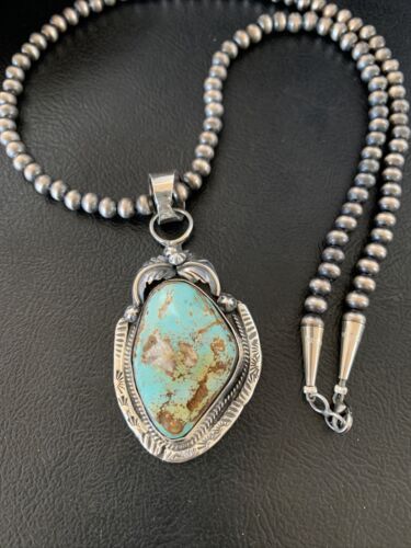 Men's Navajo Blue Dry Creek Turquoise Pendant | Sterling Silver | Pearl Necklace | Native American | 12970