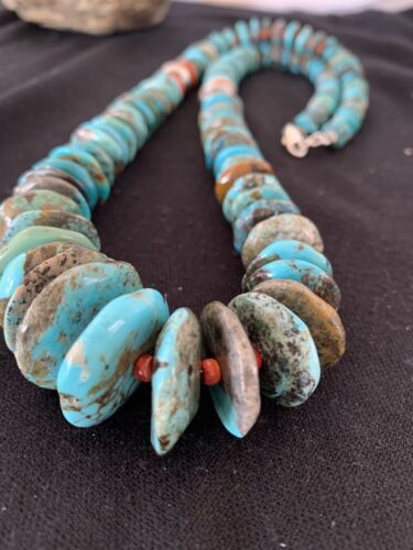 Navajo Natural Blue Turquoise & Spiny Oyster Necklace | Sterling Sliver | Graduated | Authentic Native American | 28" | 330