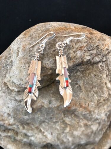 Navajo Coral Inlay Feather Earrings | Sterling Silver | Authentic Native American Handmade | 2007