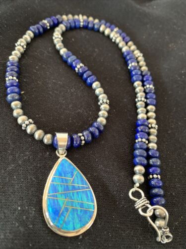 Navajo Pearls Necklace with Lapis, Turquoise, and Blue Opal Pendant | Sterling Silver | 1171