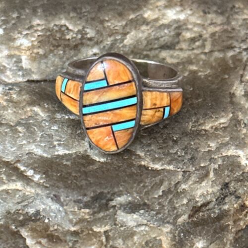 Navajo Blue Turquoise Spiny Oyster Inlay Ring | Sz 6.5 | Authentic Native American Handmade | 14557