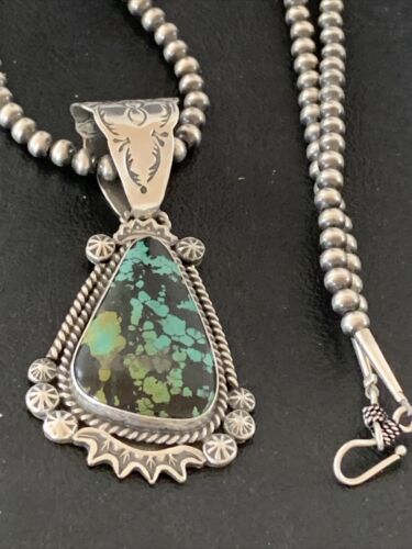 Men's Navajo Green Spiderweb Turquoise Pendant | Sterling Silver Necklace | Authentic Native American Handmade | 01978