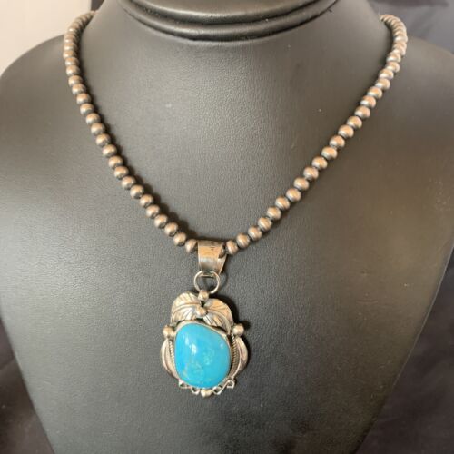 Men's Navajo Pearls Necklace with Blue Kingman Turquoise Pendant | Sterling Silver | Native American Handmade | 12593
