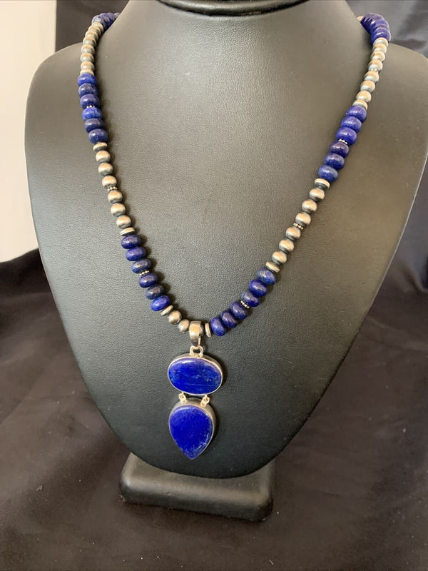 Navajo Sterling Silver Beads Necklace with Lapis Lazuli Pendant | 8mm | Authentic Native American Handmade | 11364