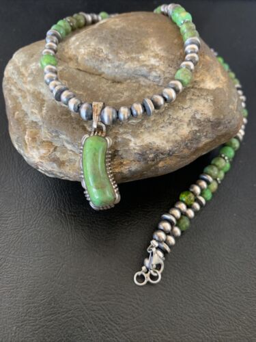 Navajo Green Gaspeite Turquoise Pendant | Sterling Silver Inlay | Authentic Native American Handmade | 12342