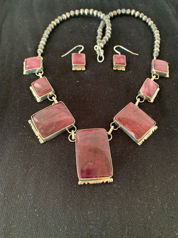 Navajo Purple Spiny Oyster Pendant Lariat Necklace Set | Authentic Native American Sterling Silver | Handmade | 4556