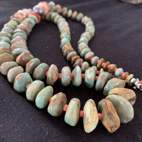 Authentic Native American Navajo Necklace | Sterling Silver | Green Turquoise & Spiny Oyster | 32" | 01669
