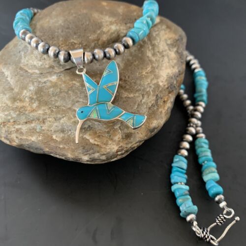 Navajo Hummingbird Inlay Pendant | Blue Turquoise & Opal | Sterling Silver | Native American Handmade | 11326
