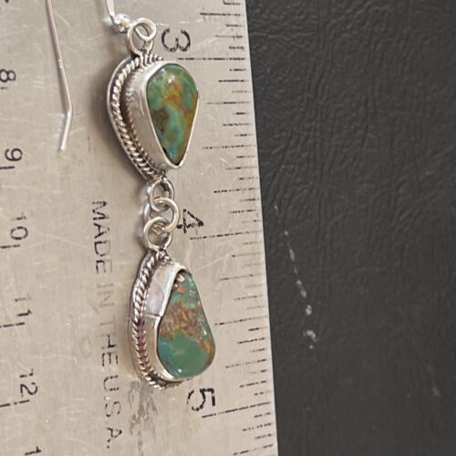 Native American Green Royston Turquoise Dangle Earrings | Navajo Handmade Sterling Silver | 1585