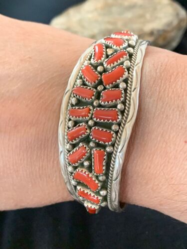 Native American Red Coral Cuff Bracelet | Navajo Sterling Silver | Authentic Handmade | 4670 - Masha USA