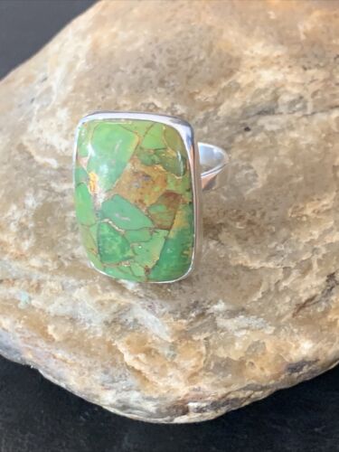 Adjustable Navajo Green Mojave Turquoise Ring | Sterling Silver | Sz 8 | Authentic Native American Handmade | 11785