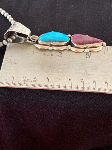 Navajo Kingman Turquoise & Spiny Oyster Pendant Necklace | Sterling Silver | Authentic Native American Handmade | 4576