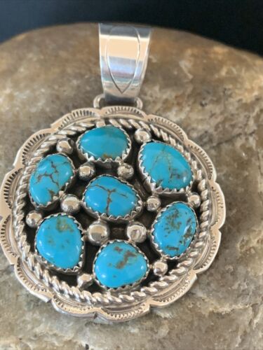 Navajo Kingman Blue Turquoise Cluster Pendant | Authentic Native American Sterling Silver | Multi-Stone | 2" | 2093