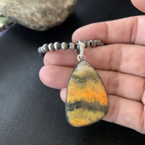 Navajo Yellow Bumblebee Jasper Pendant Necklace | Sterling Silver | Authentic Native American Handmade | 12806