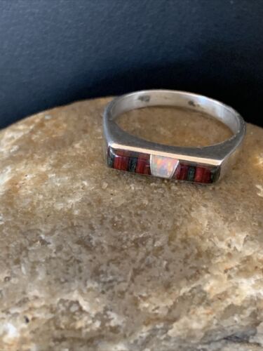 Native American Navajo Black Onyx Opal Coral Inlay Ring | Sz 6 | Authentic Handmade | 11146 - Masha USA