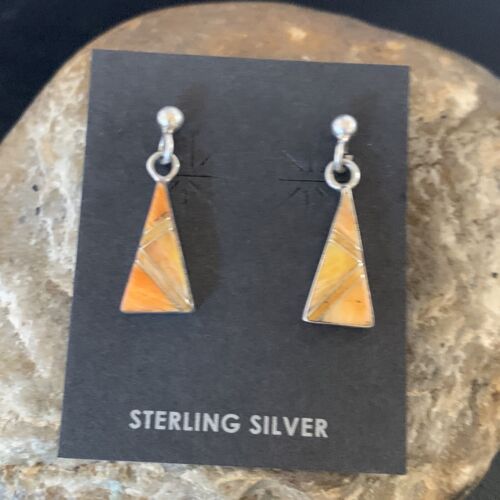 Navajo Orange Spiny Oyster Inlay Earrings | Sterling Silver | Minimalist Dangle | 12678
