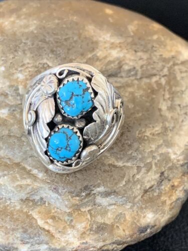 Navajo Blue Kingman Turquoise Feather Ring | Authentic Native American Sterling Silver | Multi-Stone | Sz 11.5 | 12220