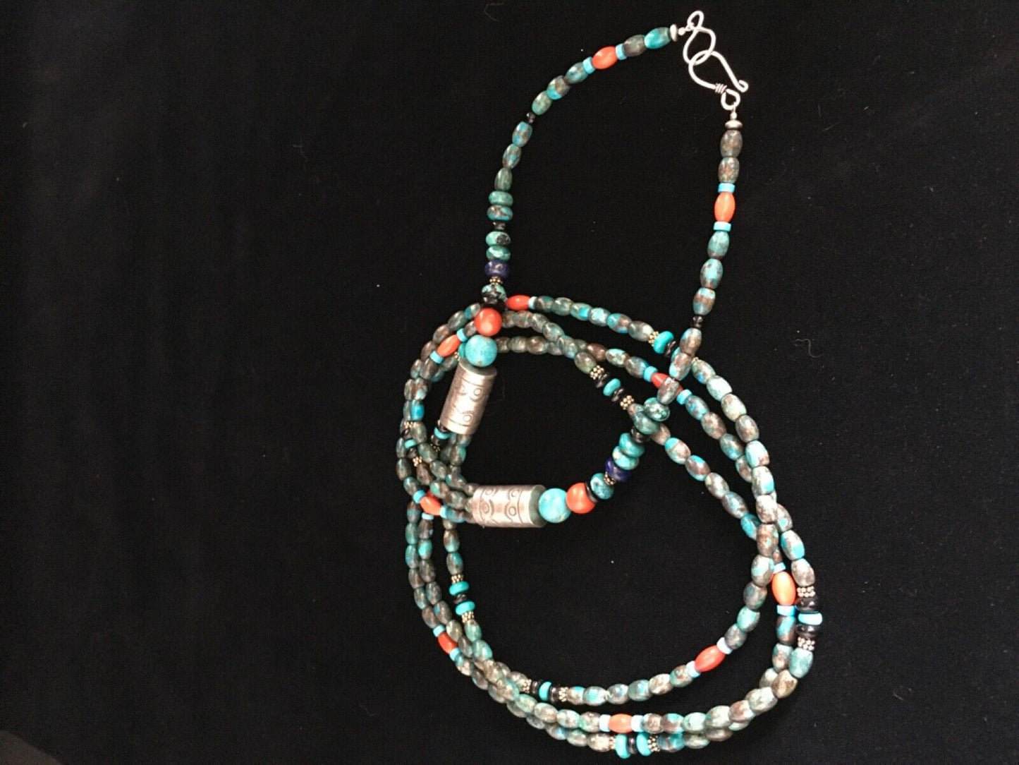 Navajo Blue Spiderweb Turquoise Coral Necklace | Sterling Silver | 3-Strand 29" | 1722
