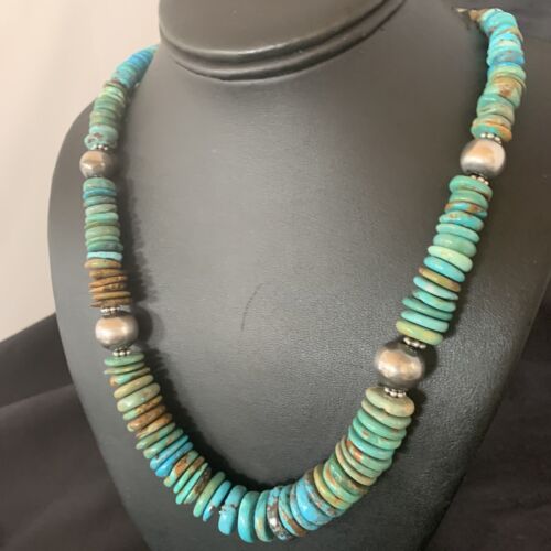 Navajo Blue Green Turquoise Necklace | Sterling Silver | Authentic Native American | 22" | Graduated | 11899