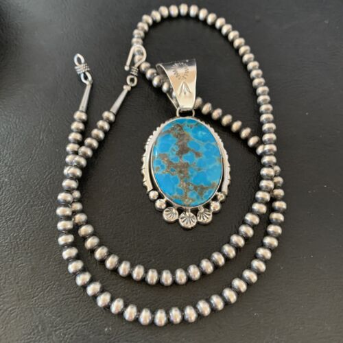 Navajo Pearls Blue Kingman Turquoise Necklace Pendant | Sterling Silver | Authentic Native American Handmade | 10765