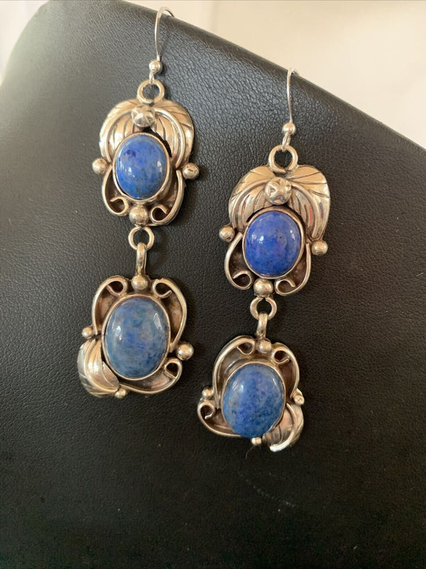 Native American Navajo Denim Lapis Dangle Earrings | Sterling Silver | 2" | 01680