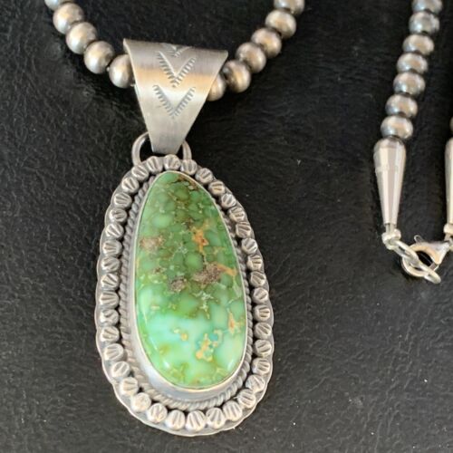 Men's Green Sonoran Gold Turquoise Pendant Necklace | Navajo Sterling Silver | Authentic Native American | 14006