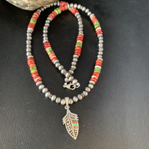 Navajo Red Spiny Oyster & Green Turquoise Pendant Necklace | Sterling Silver | Authentic Native American Handmade | 13619
